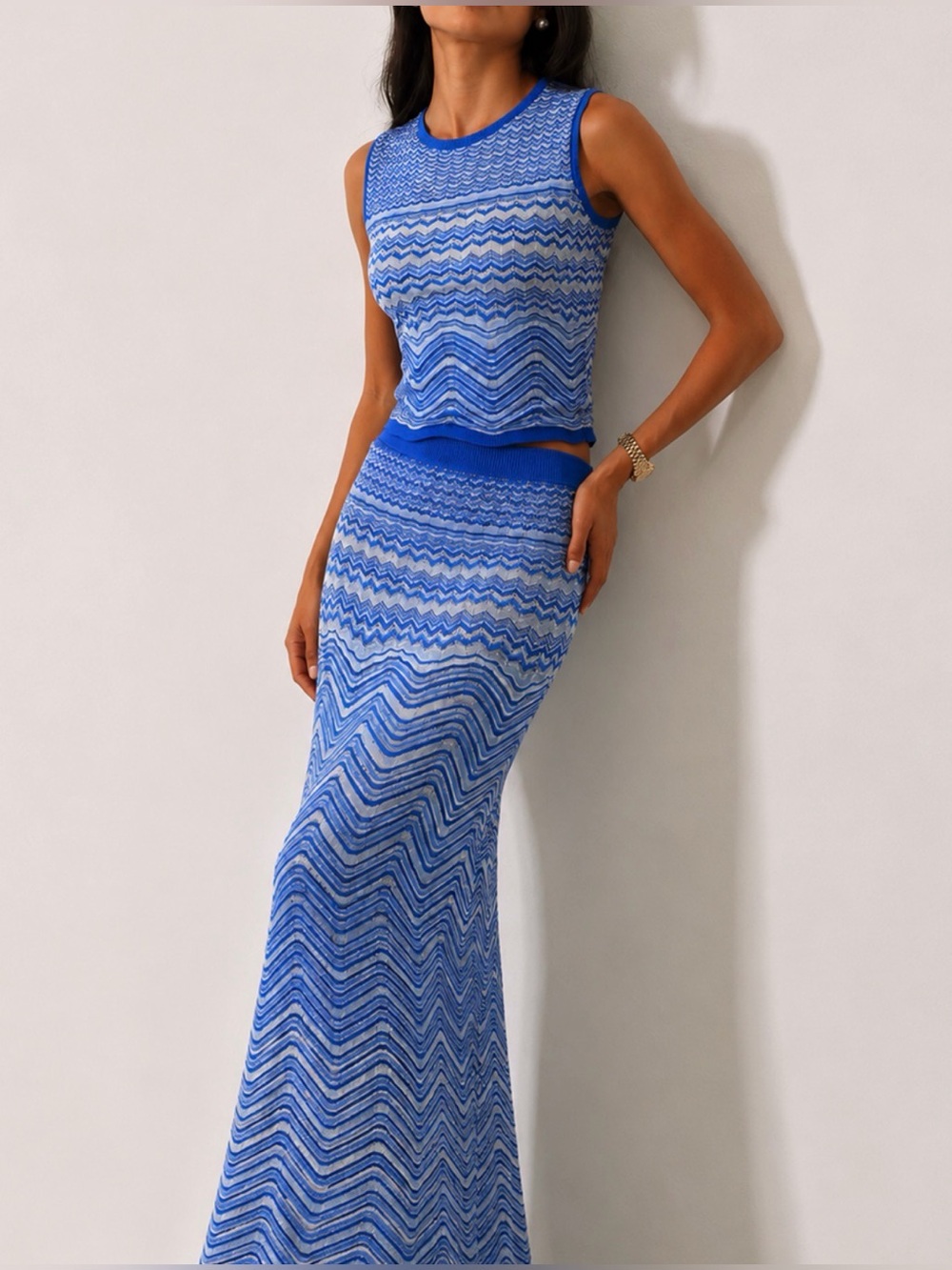 Commense Blue Chevron Knit Sleeveless Top&Maxi Skirt